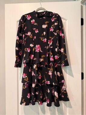 Who What Wear Black Floral Tiered Midi Dress with Pink Accents